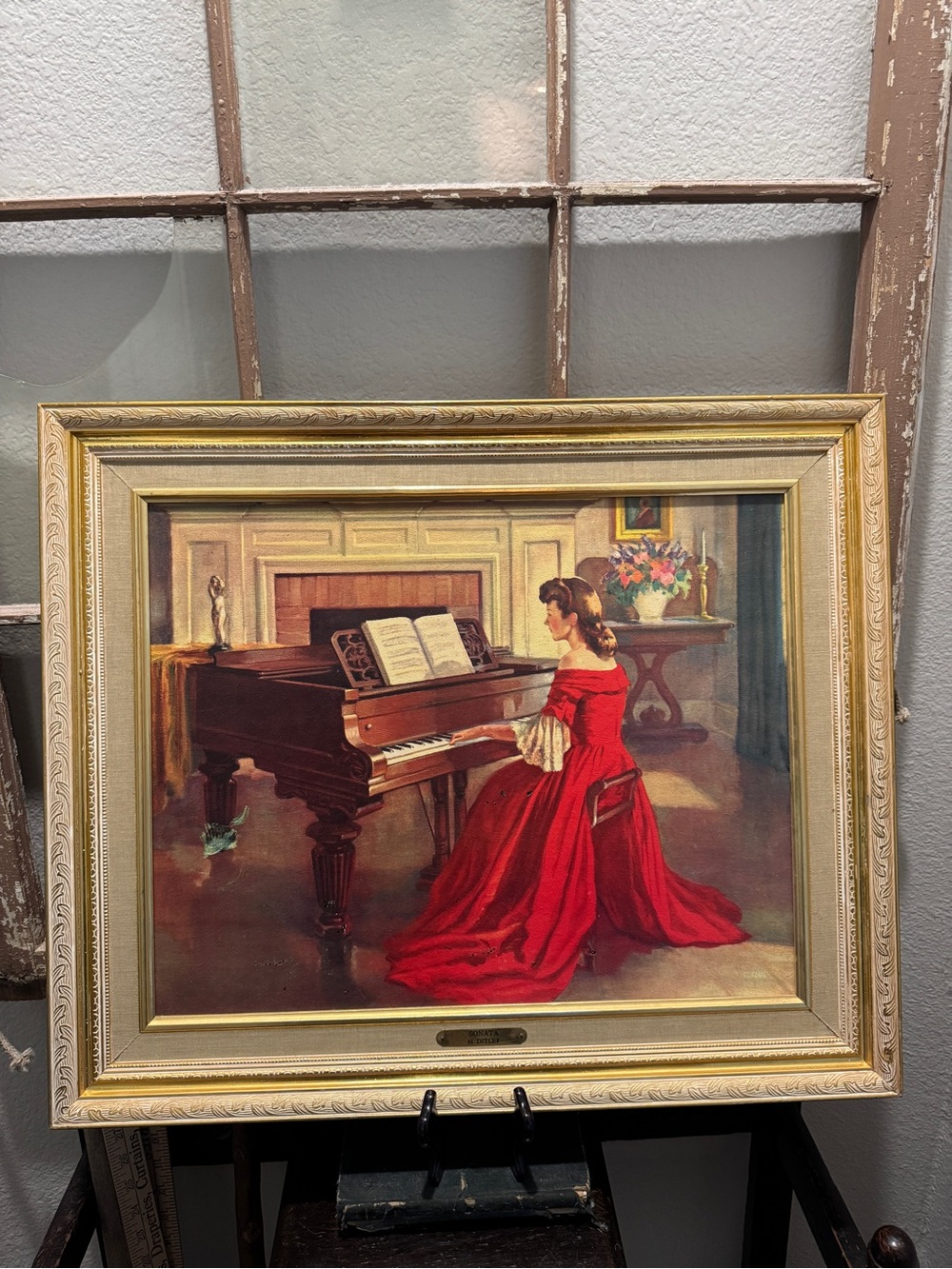 Framed Vintage Piano Lady Wall Art in Red